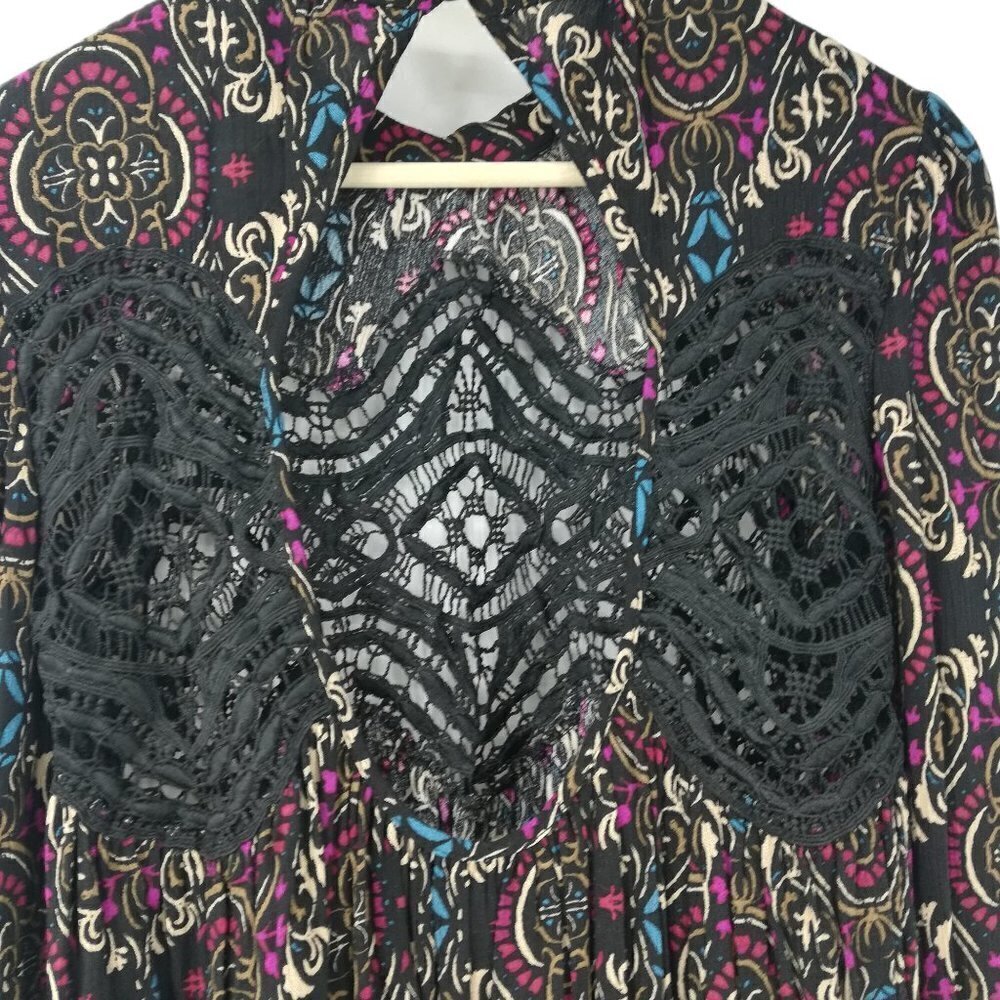 Free People Boho Lace Tunic Mini Dress Size XS Sheer Open Back Long Sleeve Black - Picture 10 of 13